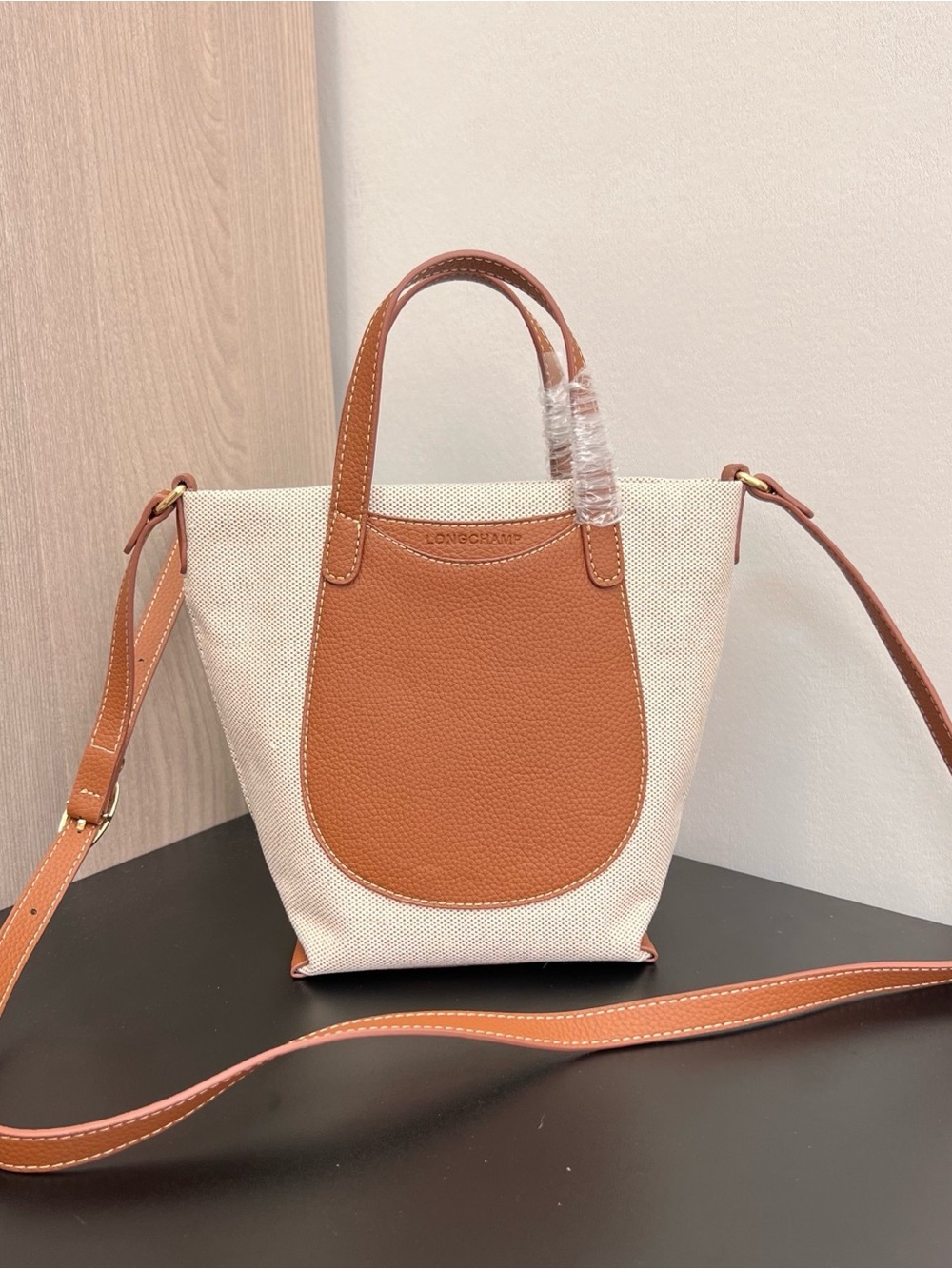 Longchamp Small Crossbody Tote in Beige and Tan Leather